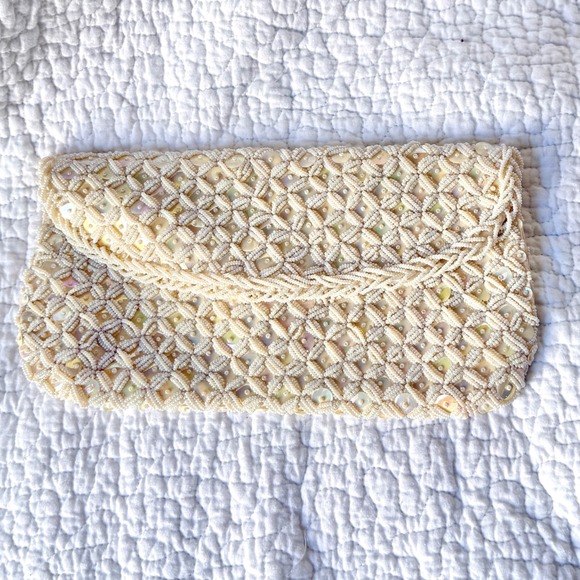 Debbie Handbags - Vintage Beaded Sequin Clutch Bag Purse Ivory Bridal Pearlcore 90s Prom Hong Kong